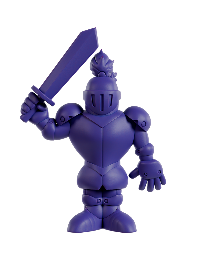 Purple action figure of a knight holding a sword on a white background