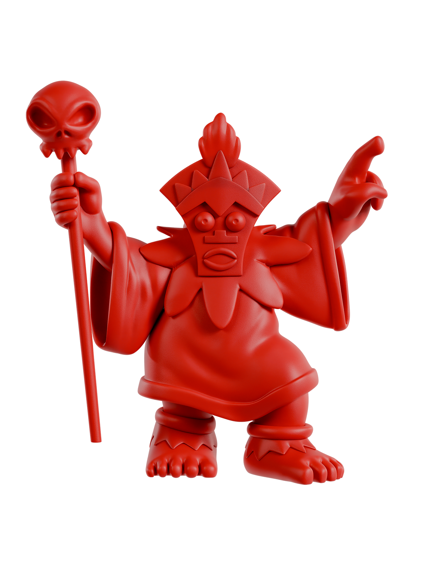 Red figurine with a mask and staff on a white background