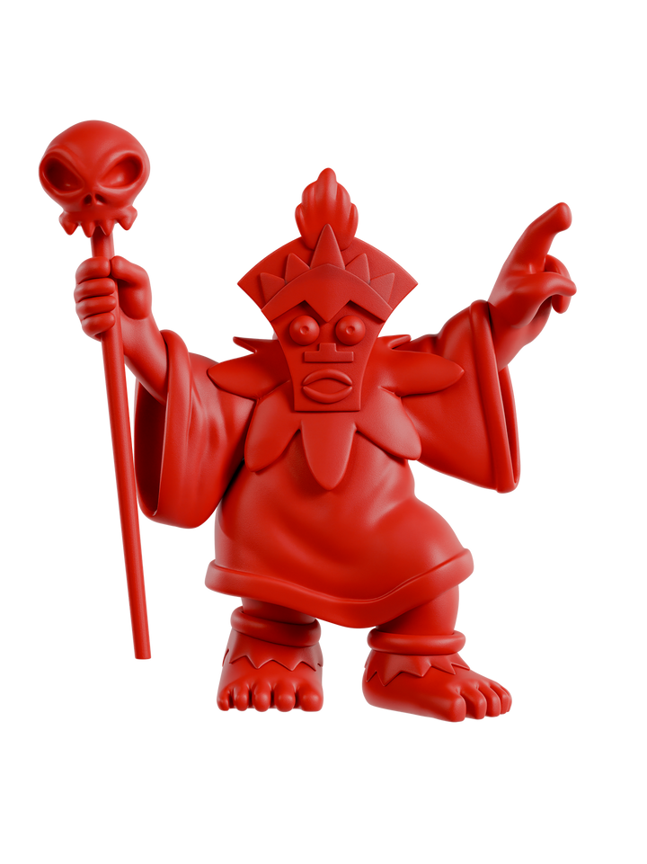 Red figurine with a mask and staff on a white background