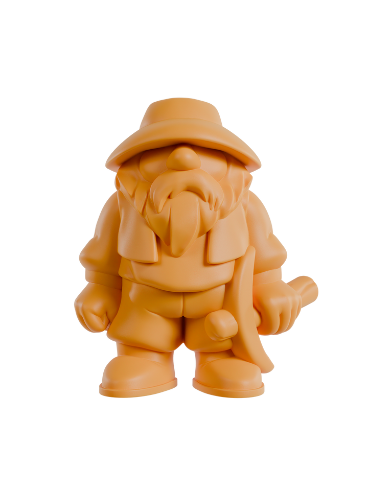 Orange cartoon-like figure with a hat and beard on a white background