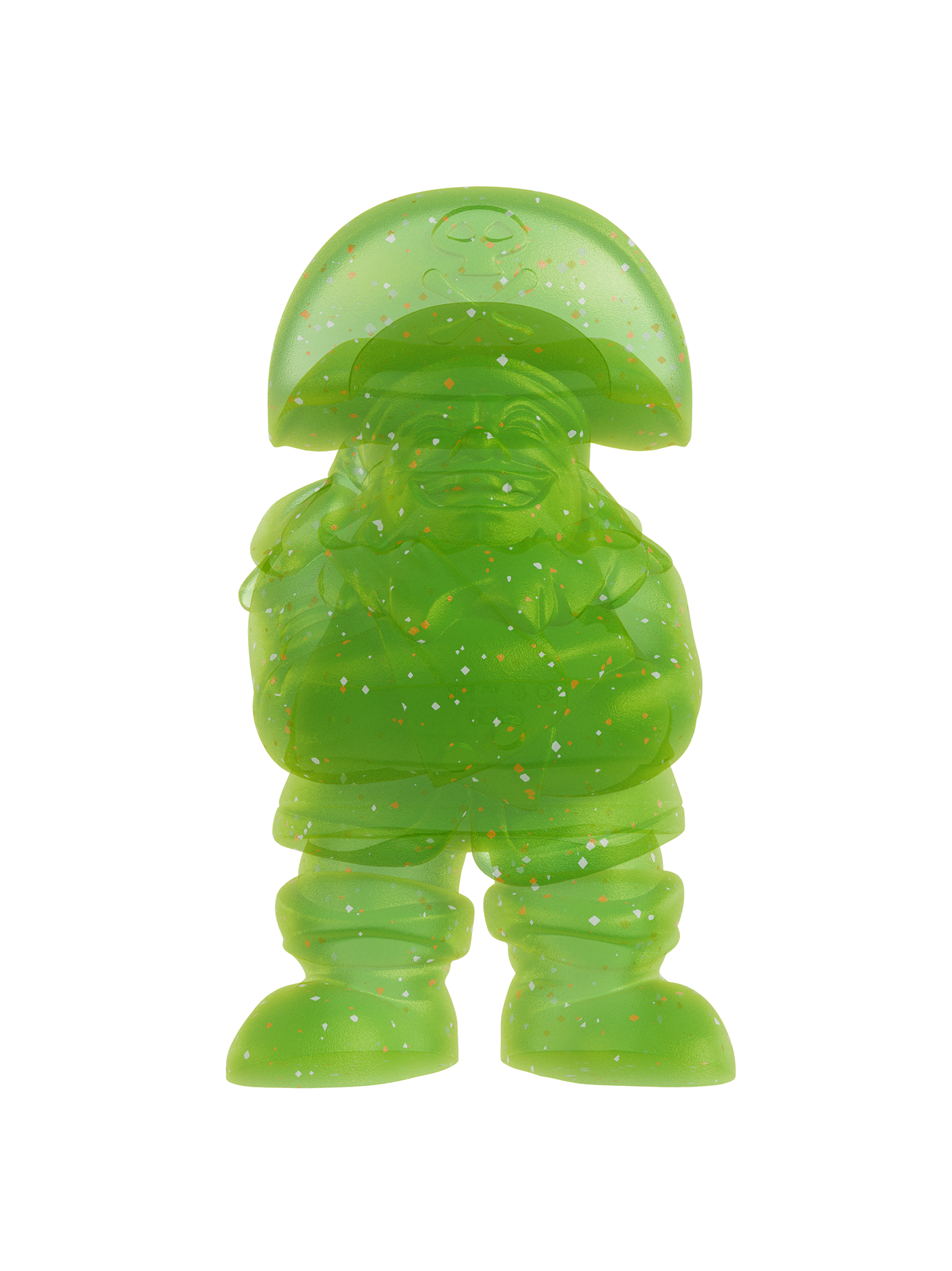 Green plastic gnome figure on a white background