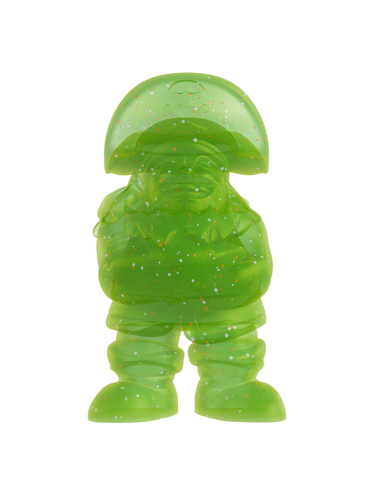Green plastic gnome figure on a white background