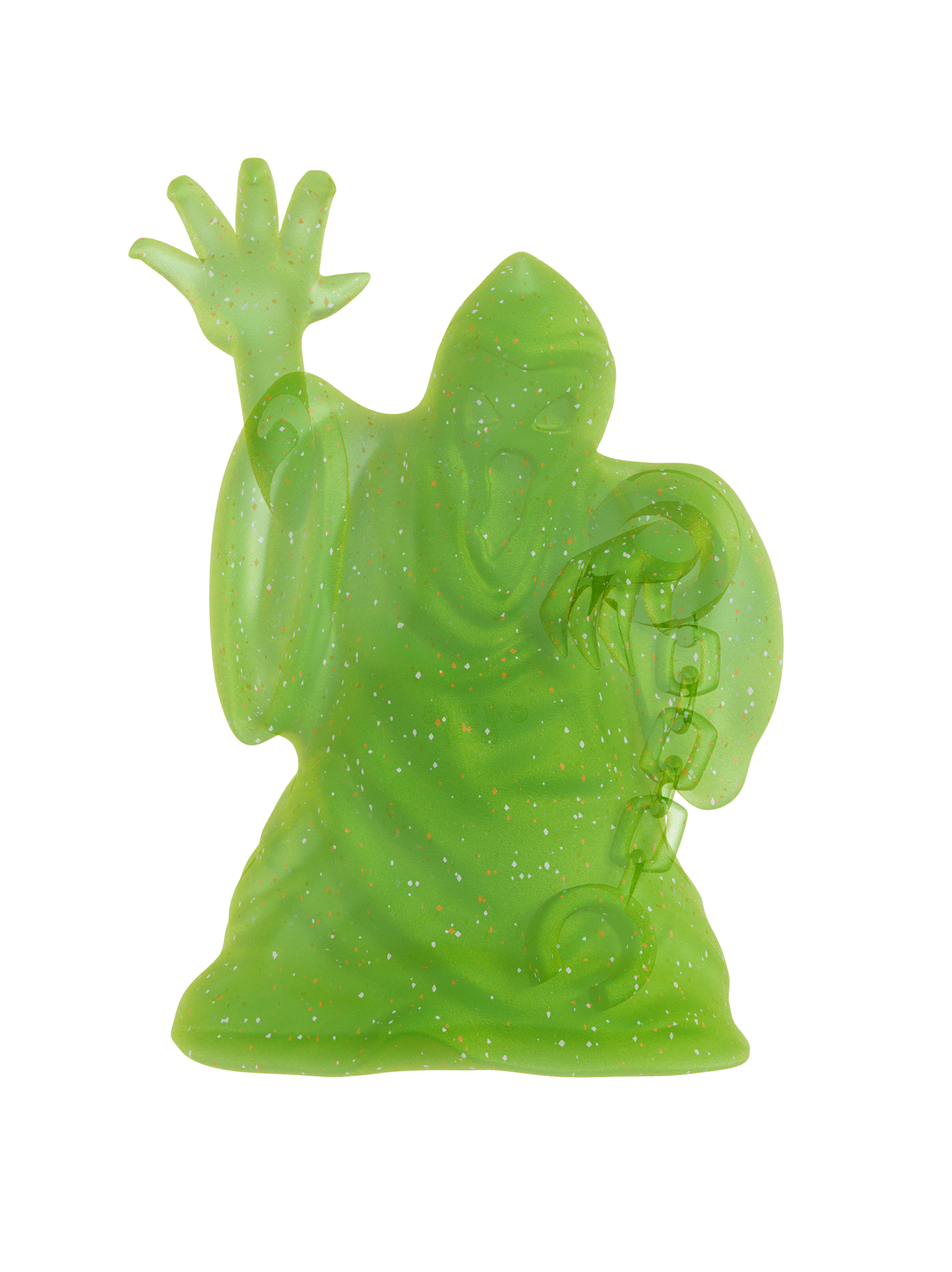Green translucent ghost figurine on a white background