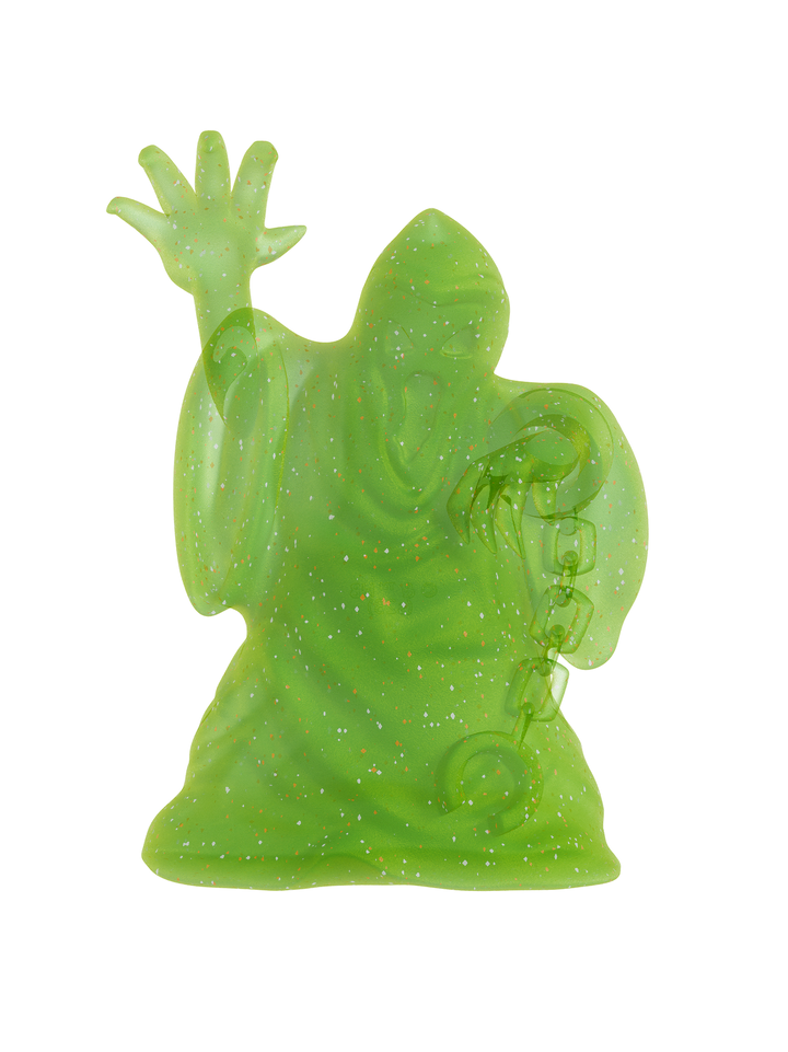 Green translucent ghost figurine on a white background