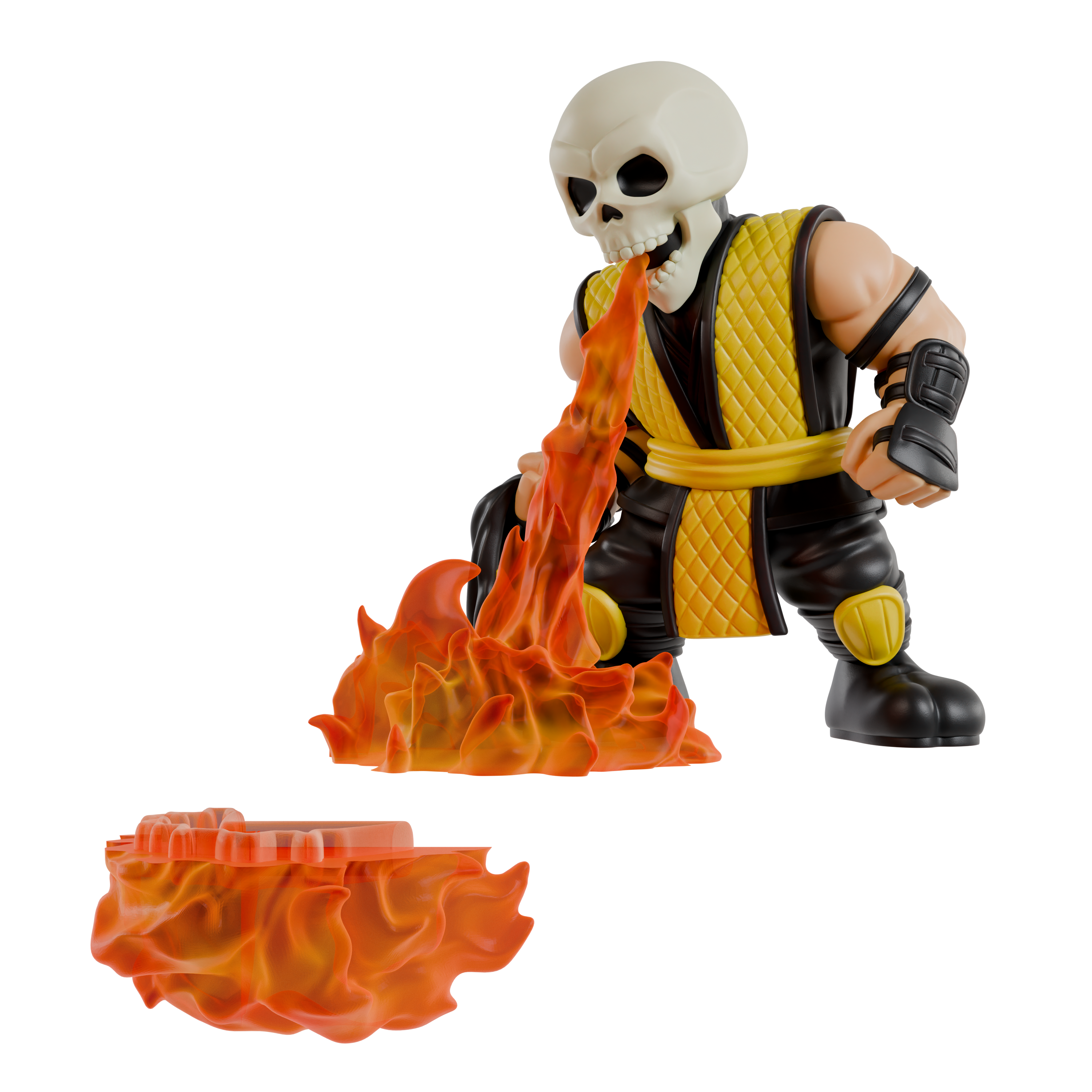 Toy figure with flame effect on a white background