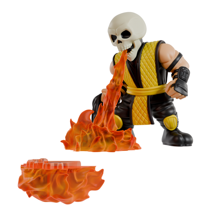 Toy figure with flame effect on a white background