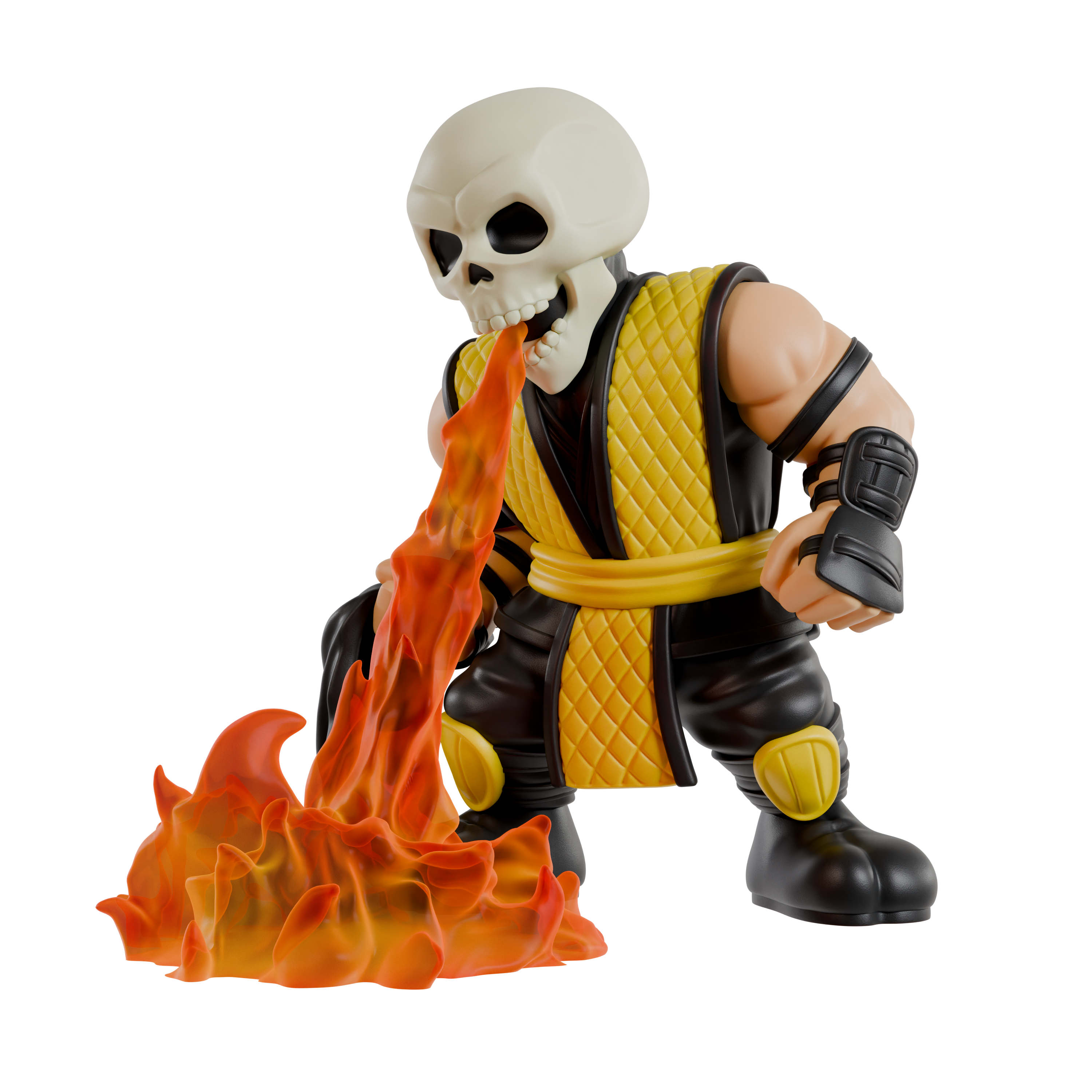 Action figure with a skeleton head and yellow outfit holding flames on a white background