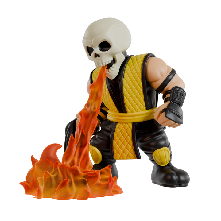 Action figure with a skeleton head and yellow outfit holding flames on a white background
