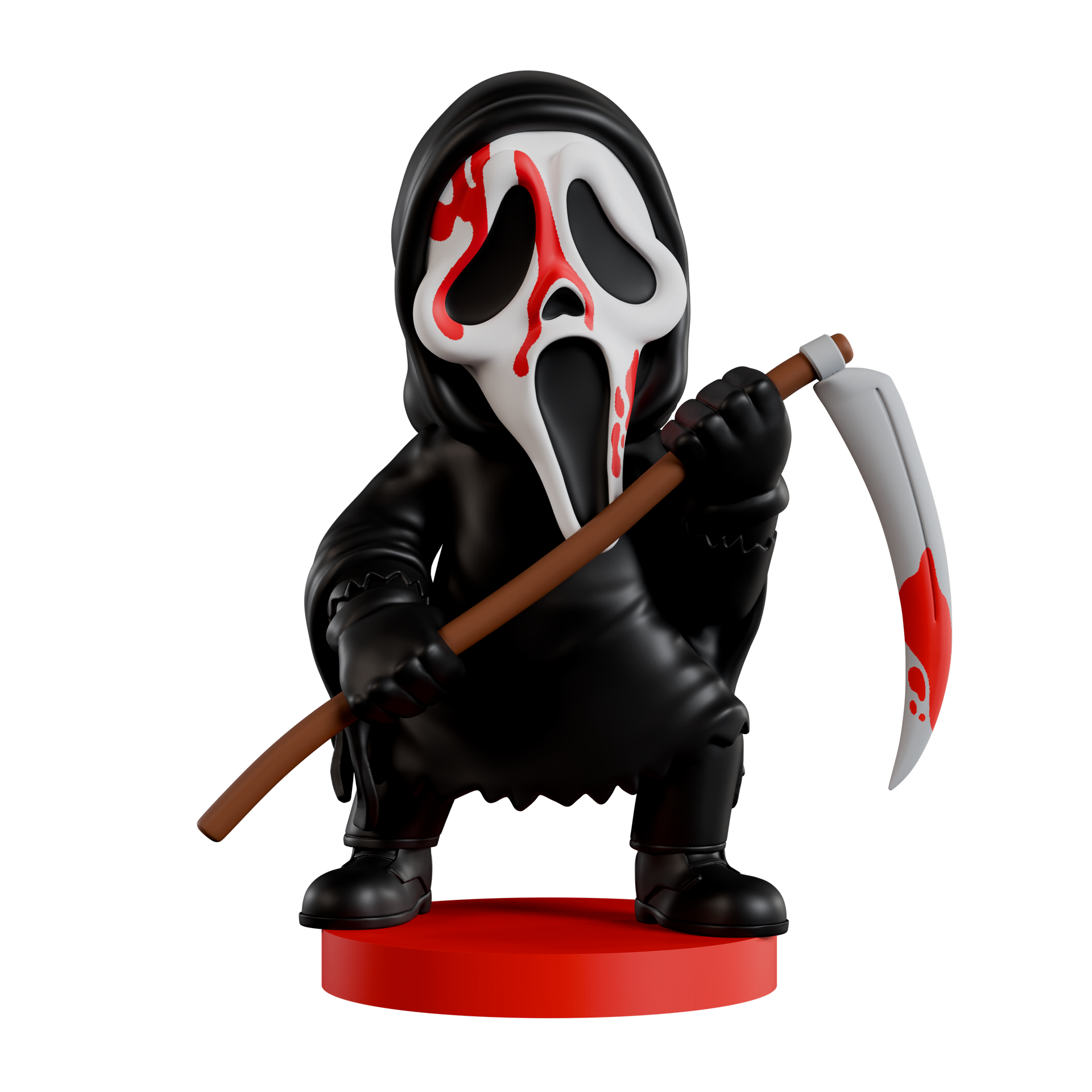 Figurine of a character with a black mask and robe holding a scythe on a white background