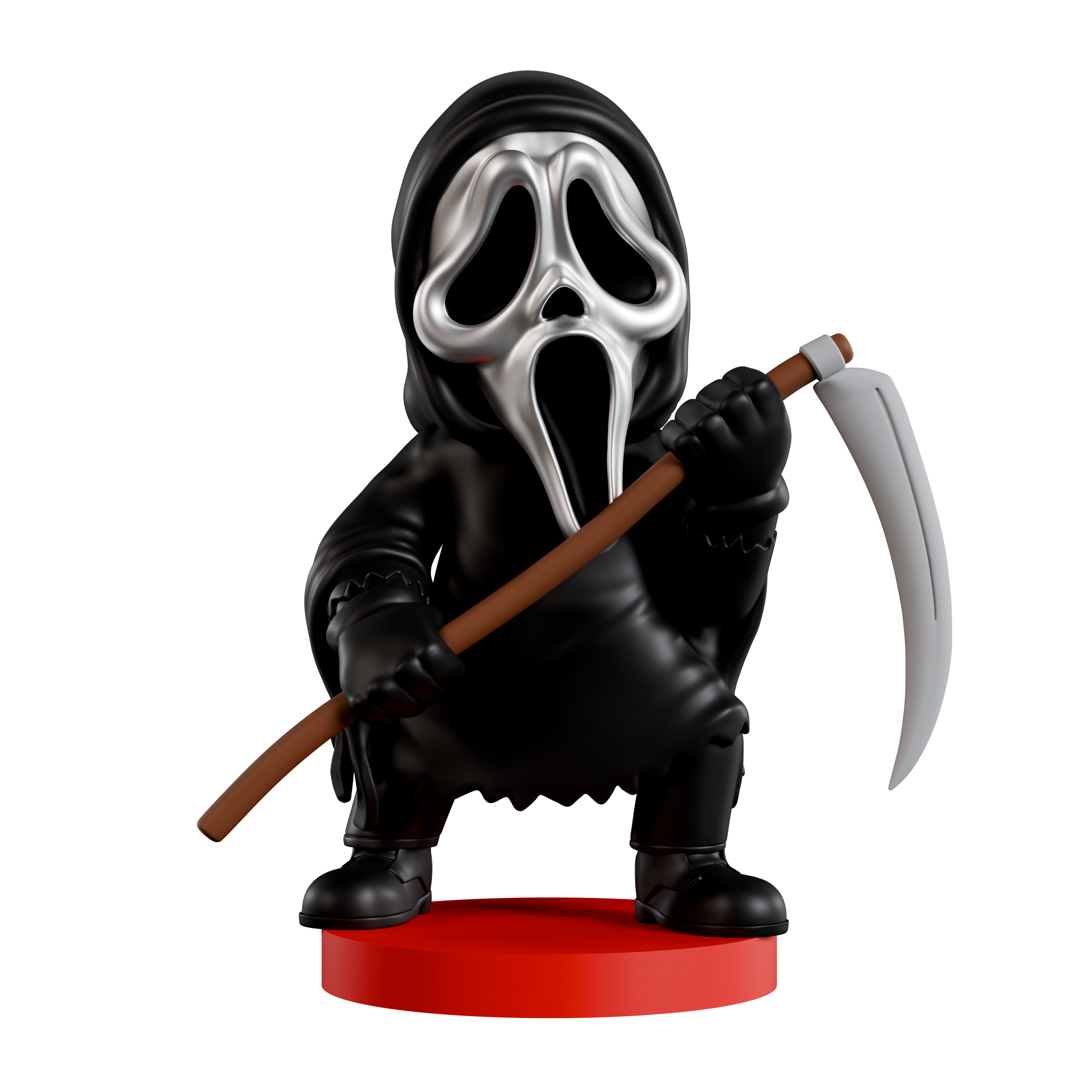 Figurine of a character with a mask and scythe on a white background