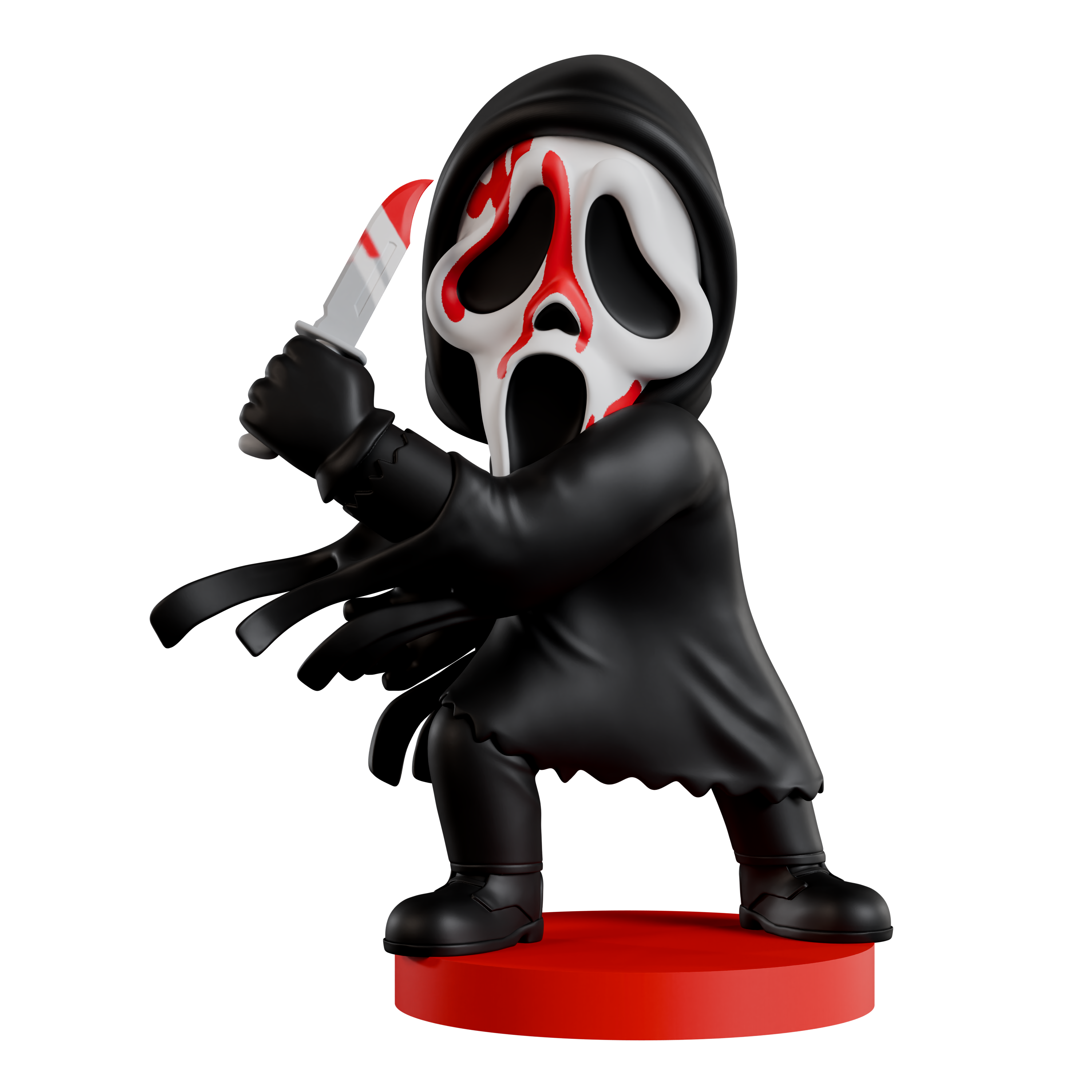 Figurine of a character with a black hood and red mask holding a knife on a white background