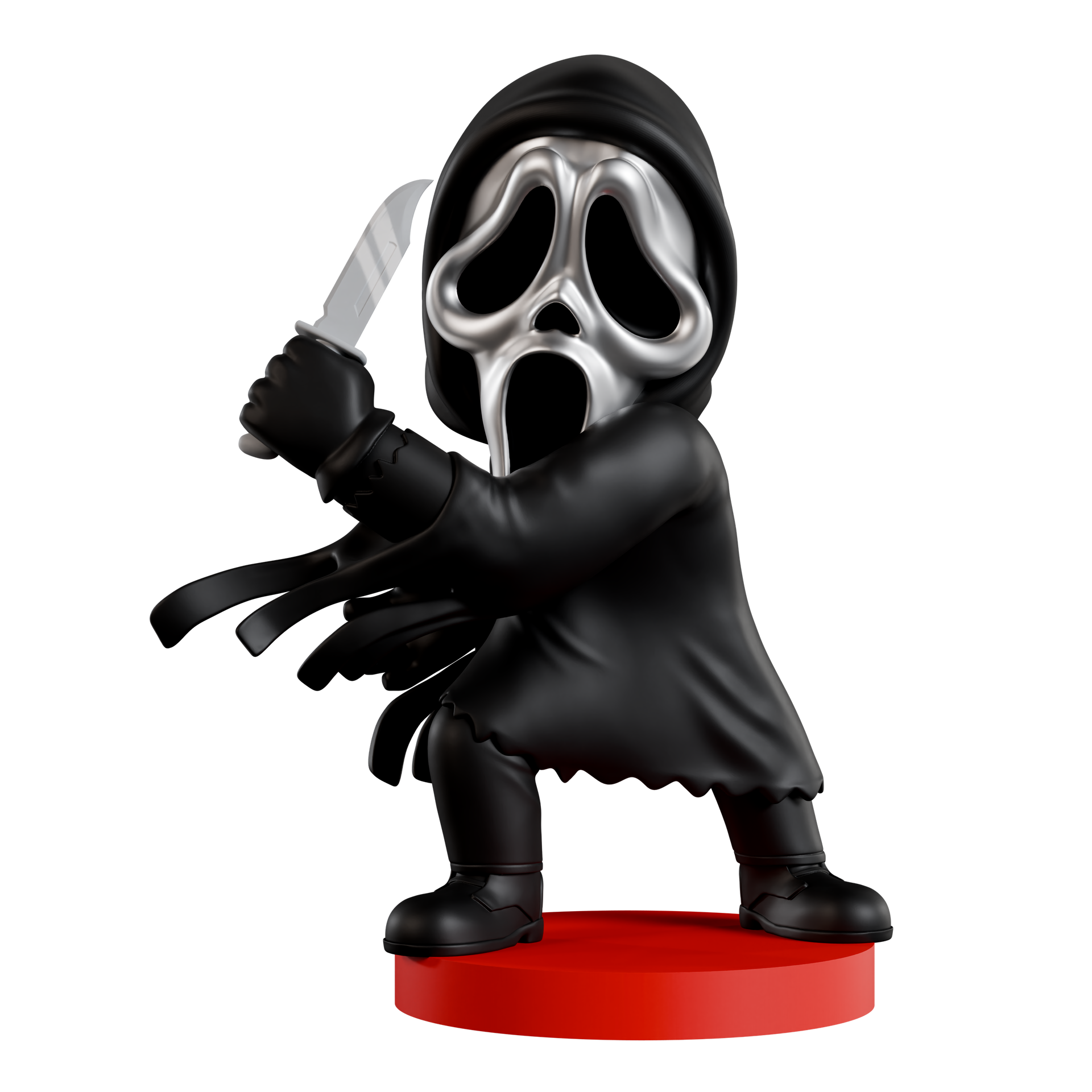 Figurine of a character with a mask and knife on a red base