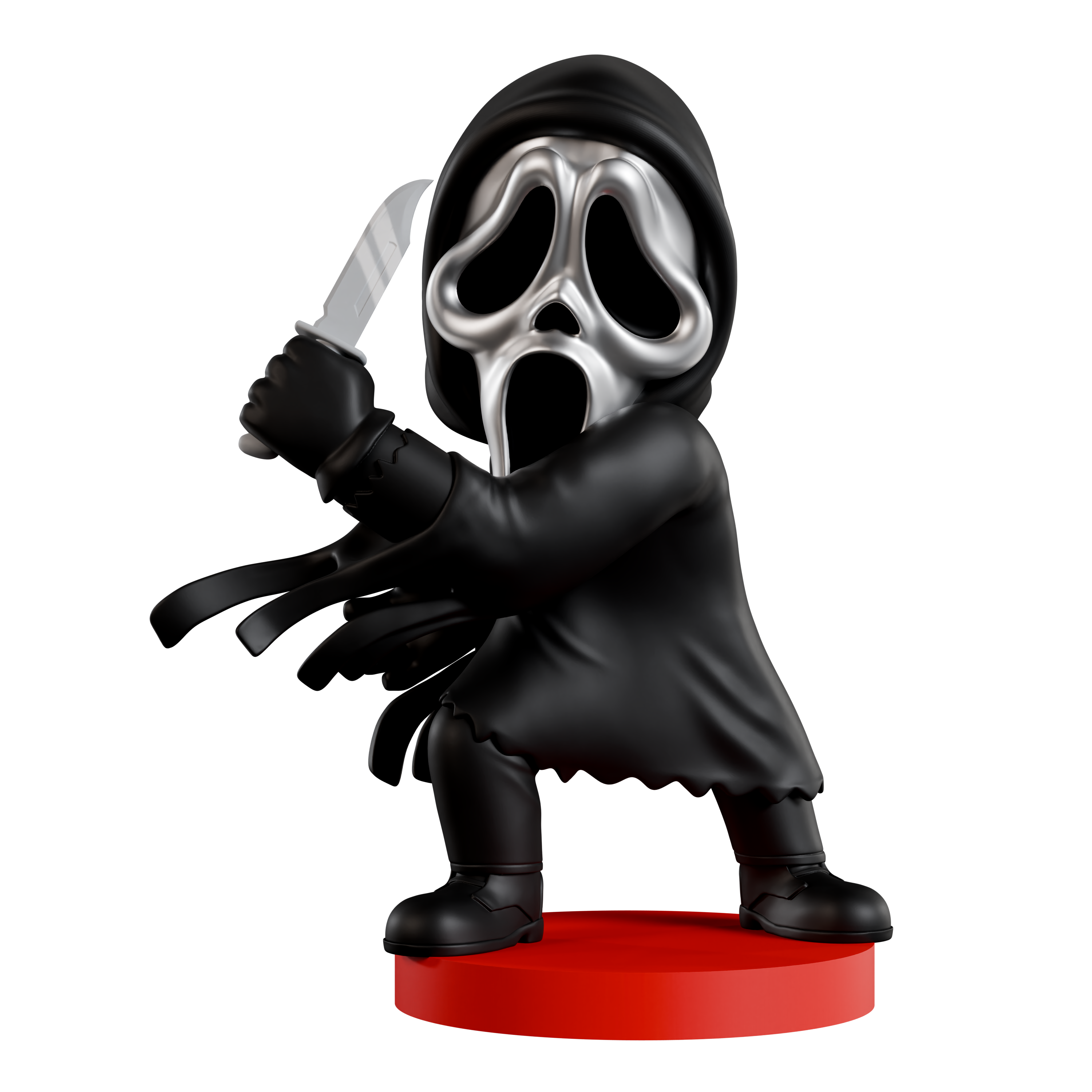 Figurine of a character with a mask and knife on a red base