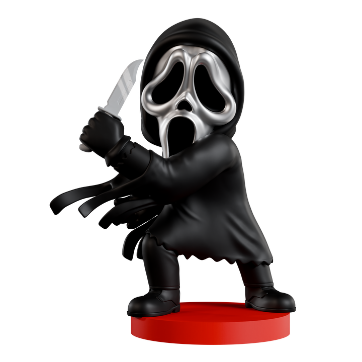 Figurine of a character with a mask and knife on a red base