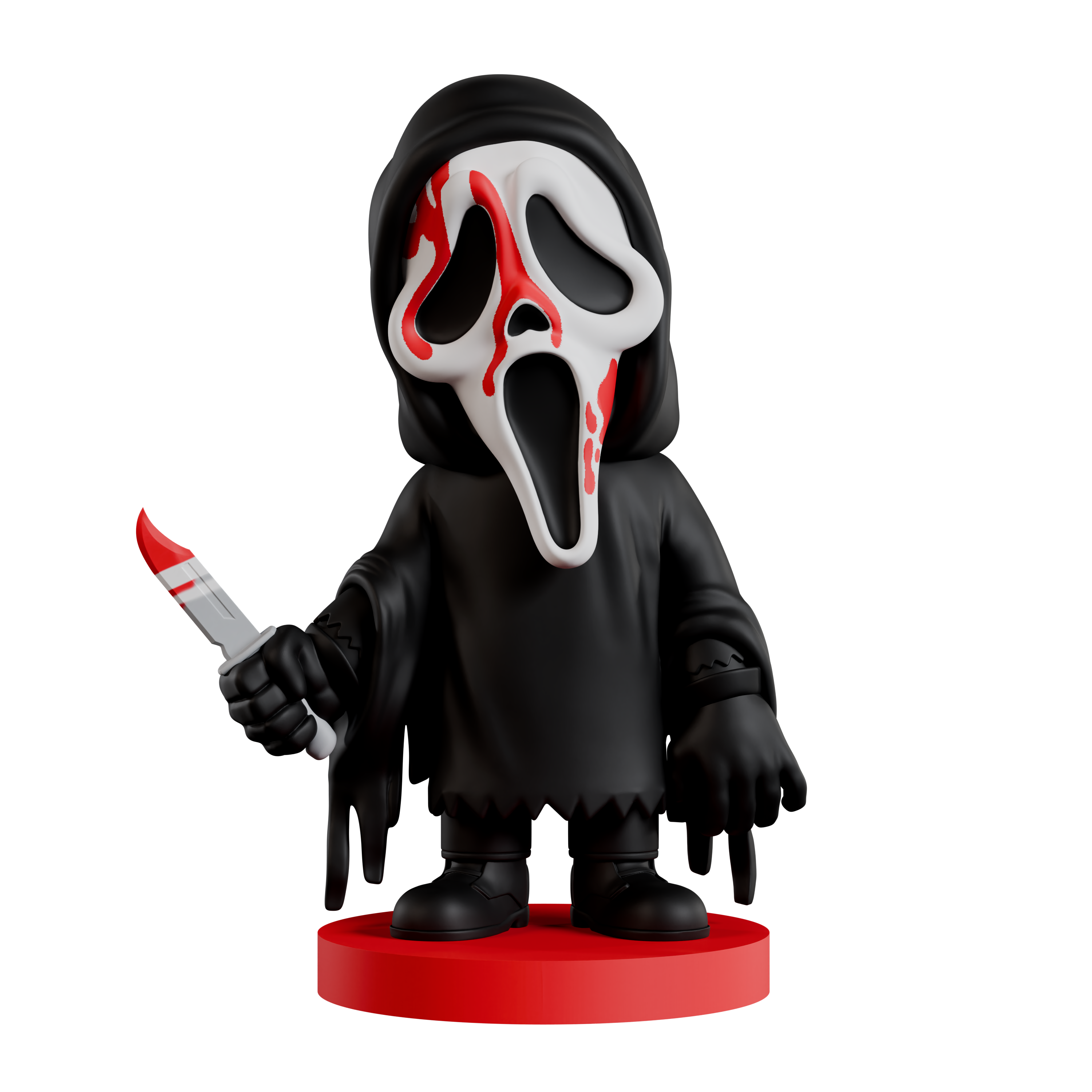 Figurine of a character with a black hood and red base, holding a knife.