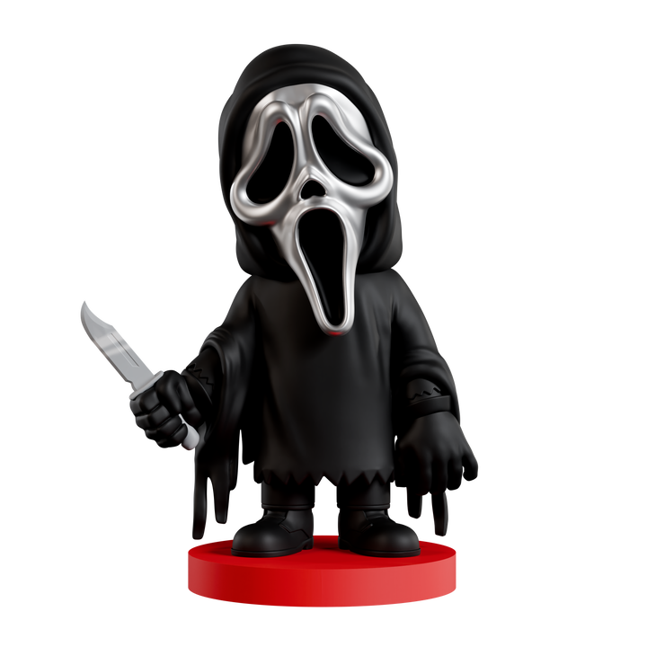 Figurine of a character with a mask and knife on a white background