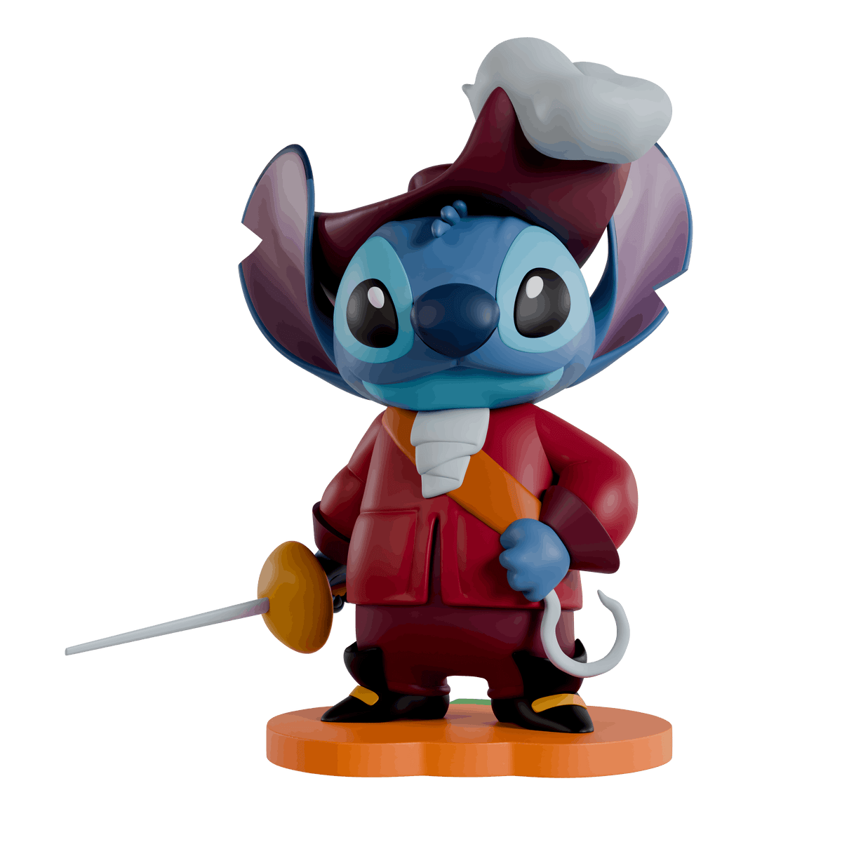 A stylized collectible figurine of Stitch dressed as a pirate, standing on an orange base against a plain white background.