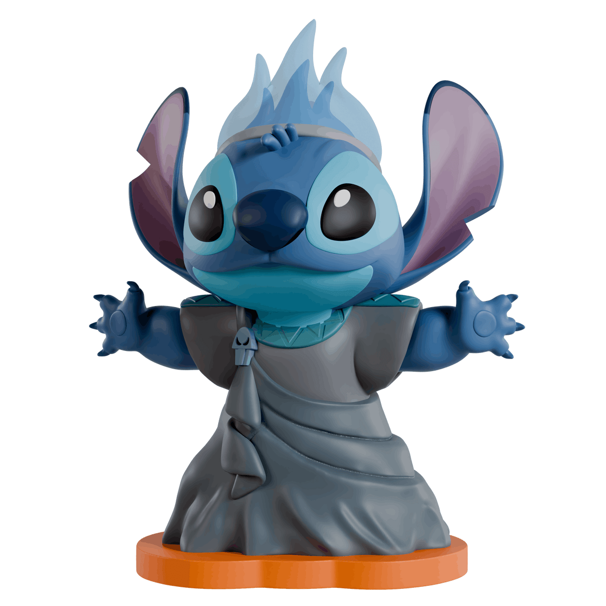 A collectible vinyl figure of Stitch dressed as hades, standing on an orange circular base against a plain white background.
