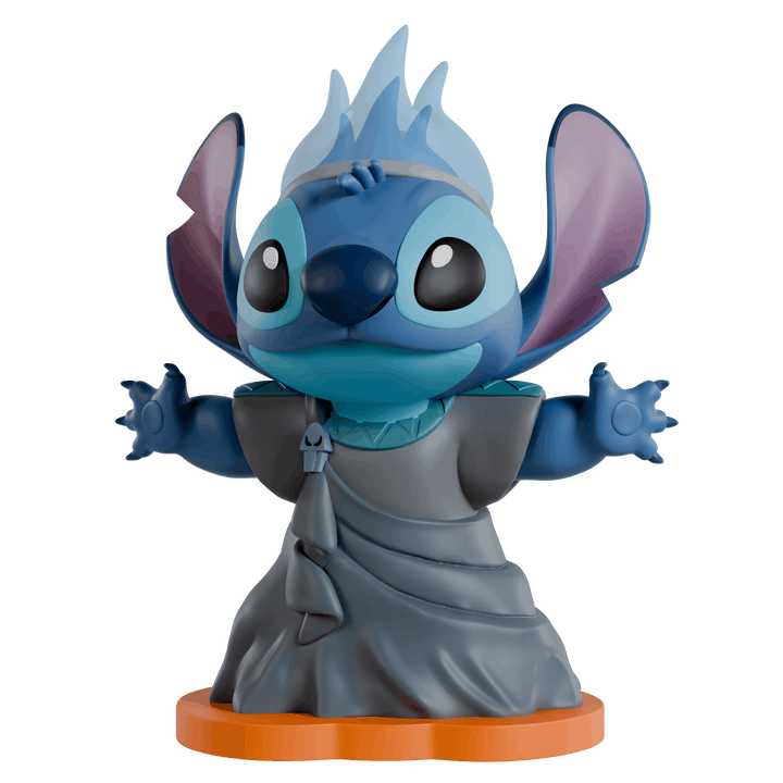 A collectible vinyl figure of Stitch dressed as hades, standing on an orange circular base against a plain white background.
