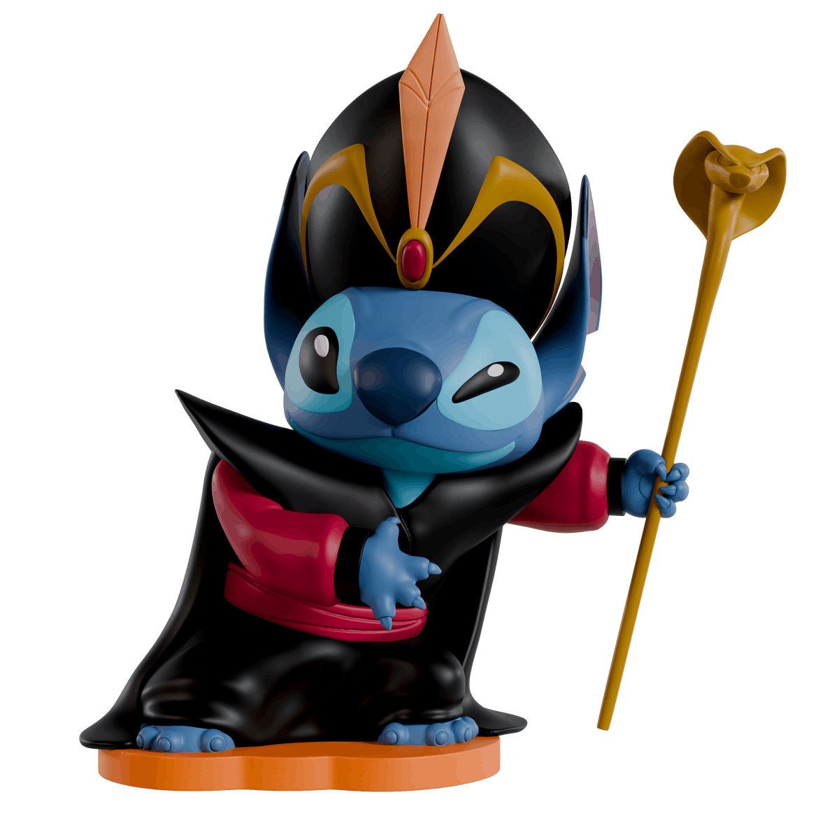 A stylized collectible figurine of Stitch dressed as a dark magician or king, wearing a black robe with red sleeves, a gold and black headdress, and holding a gold scepter, shown on a plain white background.