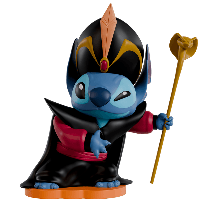 A stylized collectible figurine of Stitch dressed as a dark magician or king, wearing a black robe with red sleeves, a gold and black headdress, and holding a gold scepter, shown on a plain white background.