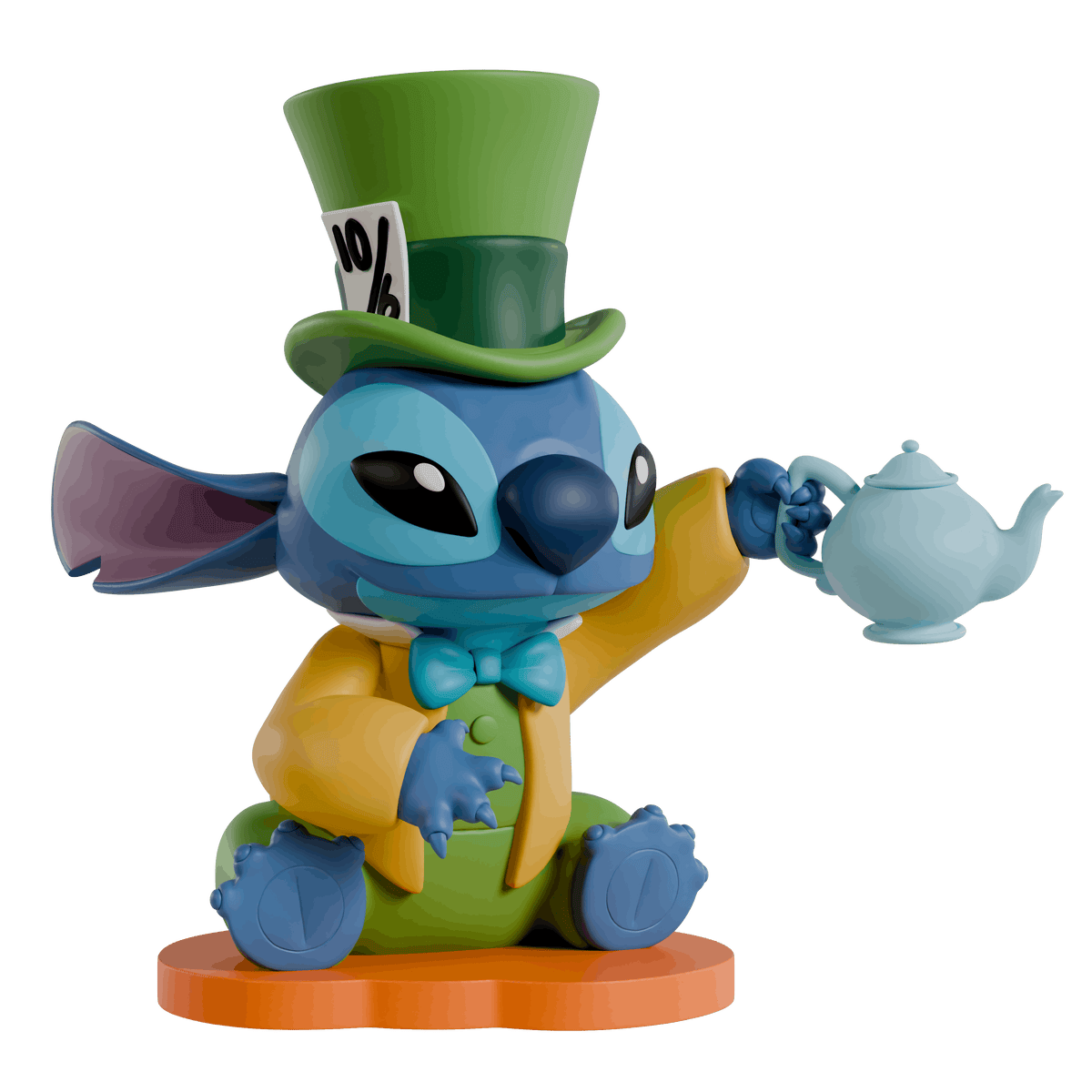 A stylized collectible figurine of Stitch dressed as a tea-time character, wearing a green top hat, yellow jacket, and blue bow tie, while holding a light blue teapot. The figure sits on an orange circular base against a plain white background.