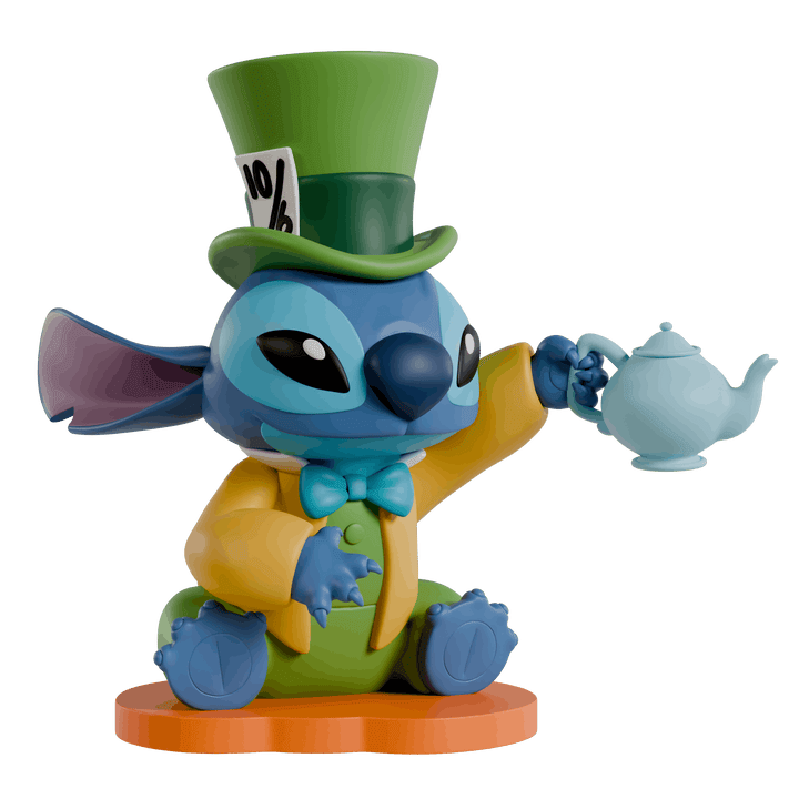 A stylized collectible figurine of Stitch dressed as a tea-time character, wearing a green top hat, yellow jacket, and blue bow tie, while holding a light blue teapot. The figure sits on an orange circular base against a plain white background.