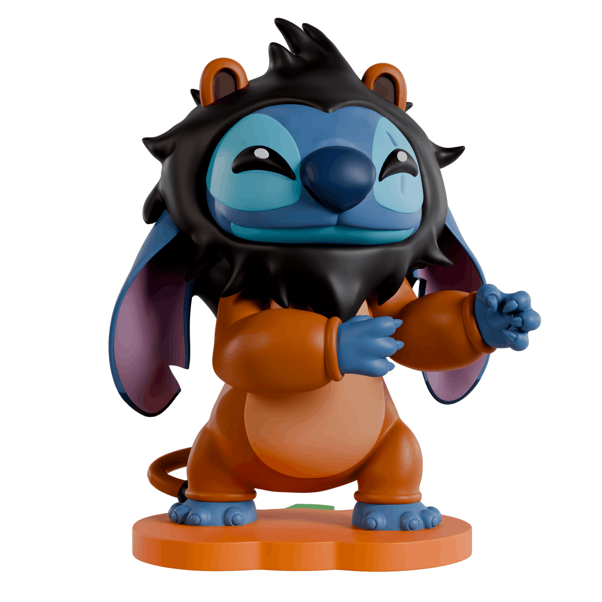 A collectible vinyl figure of Stitch reimagined as a lion, featuring a black mane, blue face and paws, and an orange body, standing on an orange circular base against a plain white background.