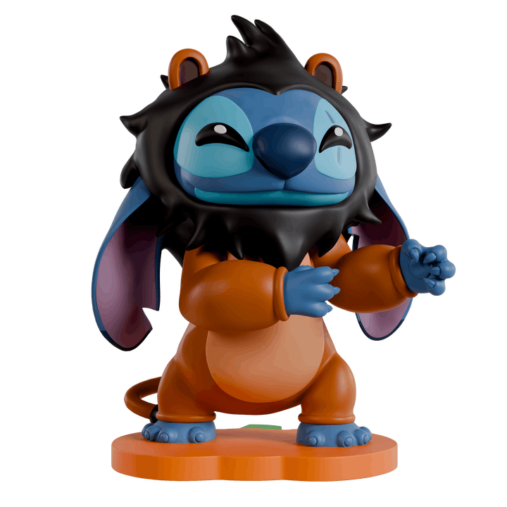 A collectible vinyl figure of Stitch reimagined as a lion, featuring a black mane, blue face and paws, and an orange body, standing on an orange circular base against a plain white background.