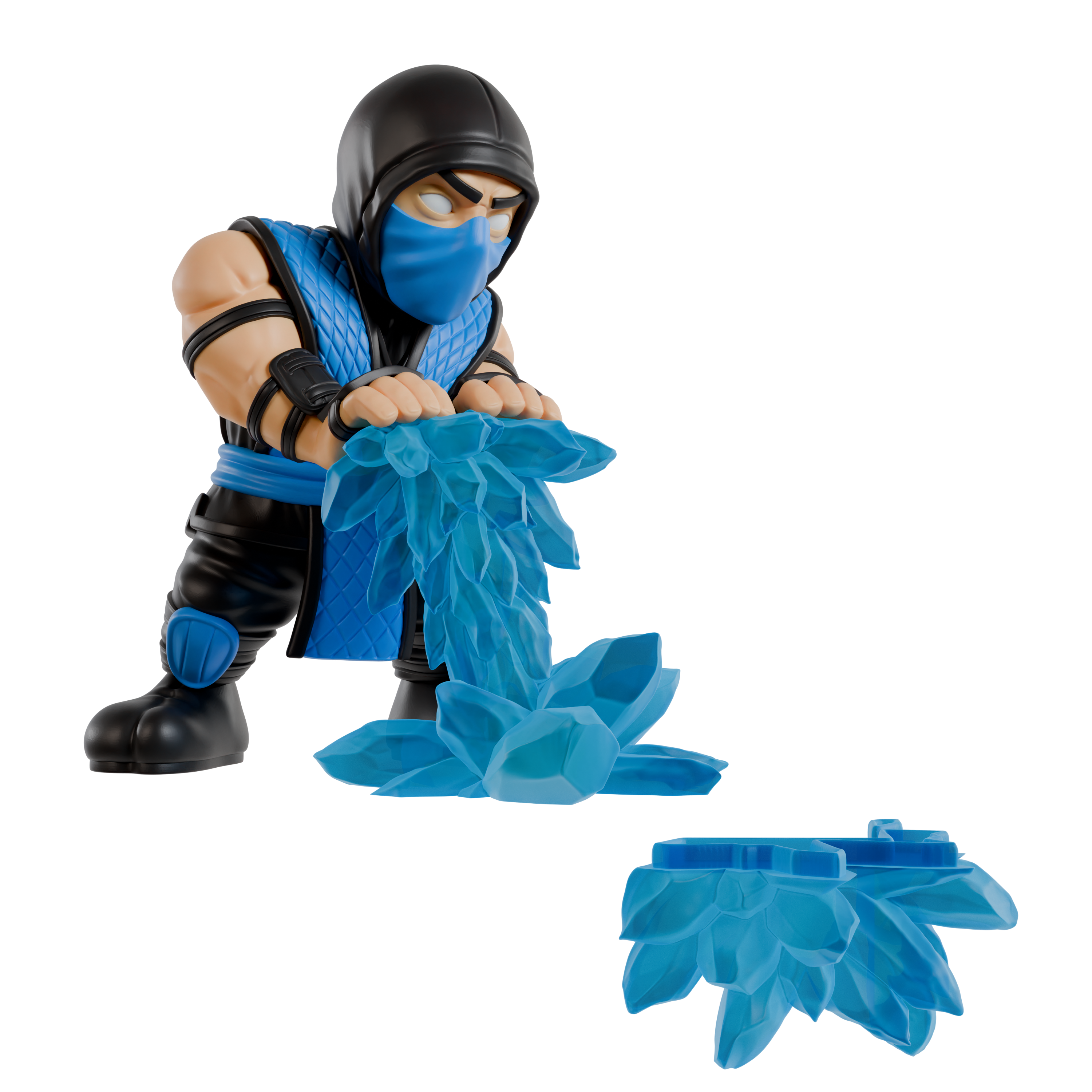 Toy figure in a ninja outfit with blue energy effect on a white background