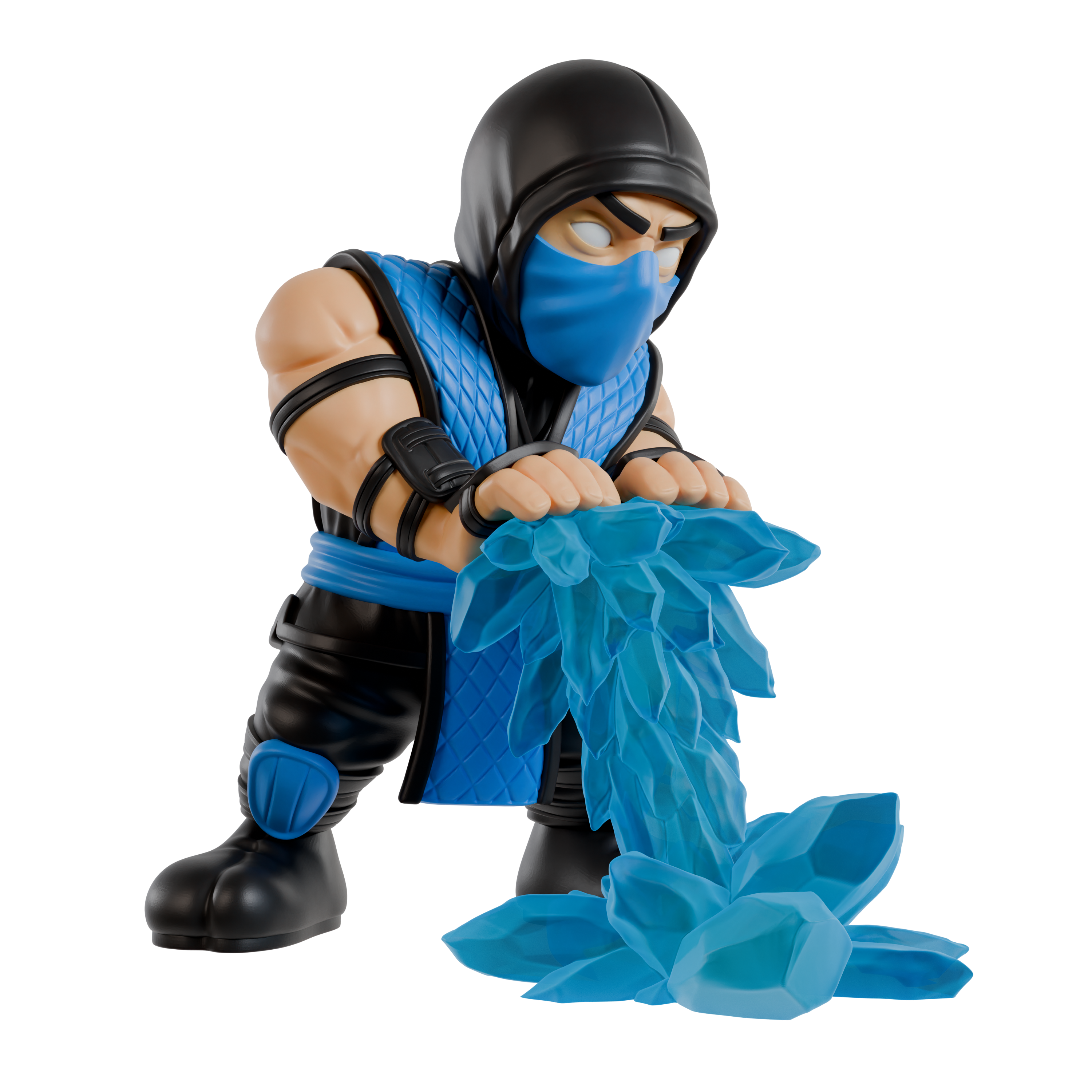 Ninja figurine with blue outfit and mask holding blue energy on a white background