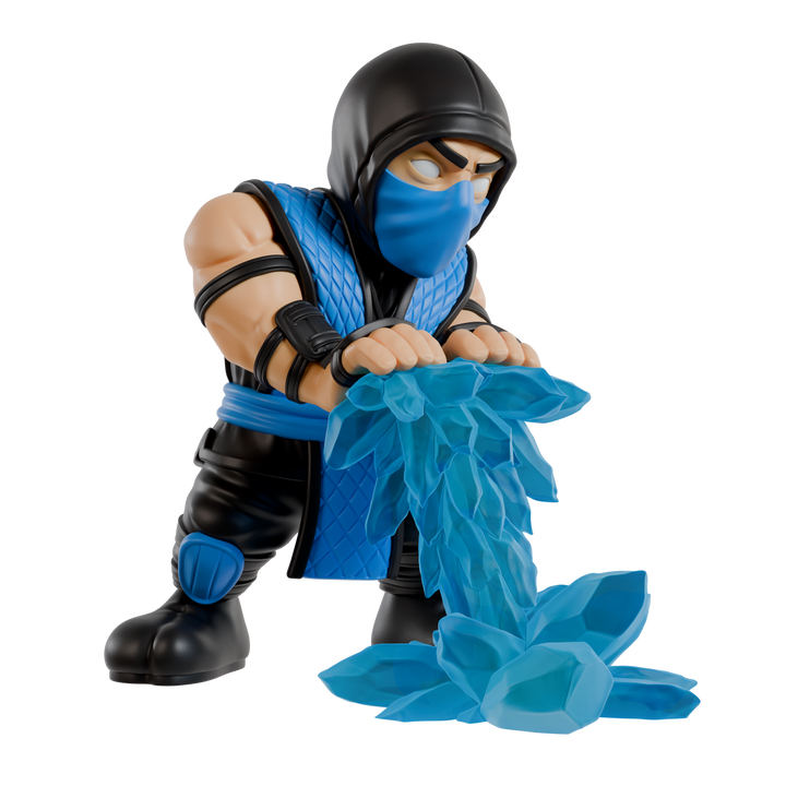 Ninja figurine with blue outfit and mask holding blue energy on a white background