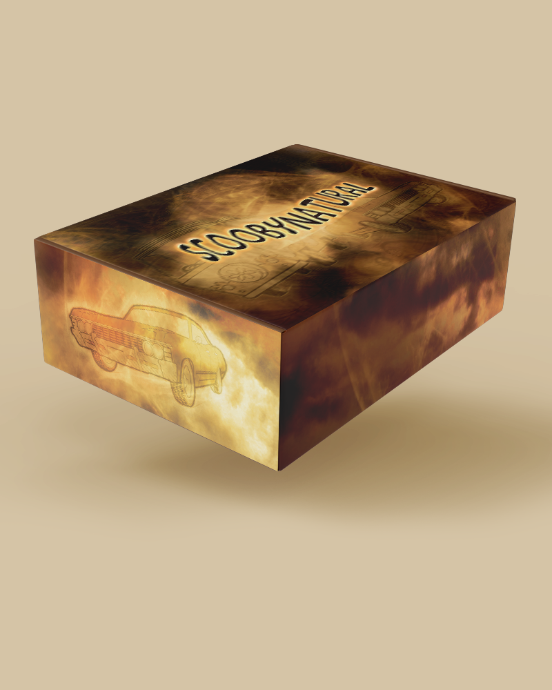 Decorative box with a car design and 'Scoobynatural' text on a beige background