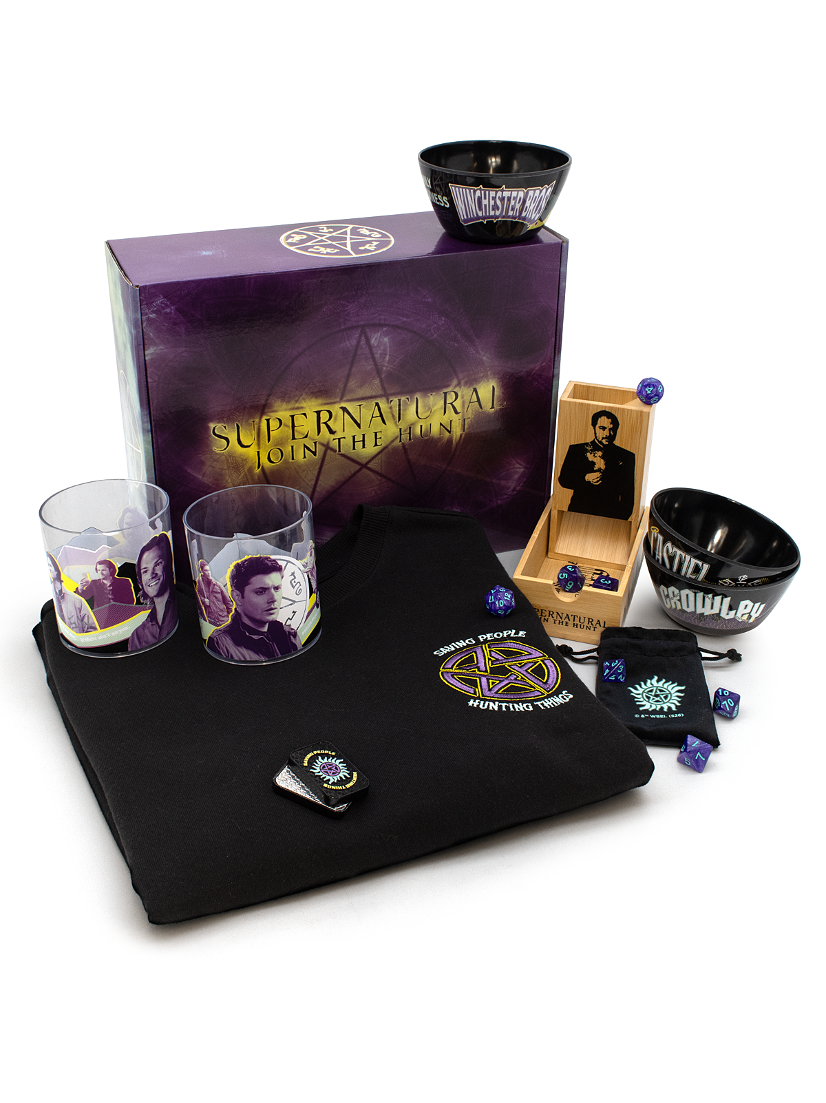 supernatural box spring 2026. 3 snack bowls, pullover sweatshirt, 2 plastic cups, dice tower, ttrpg dice set, dice bag, fidget toy