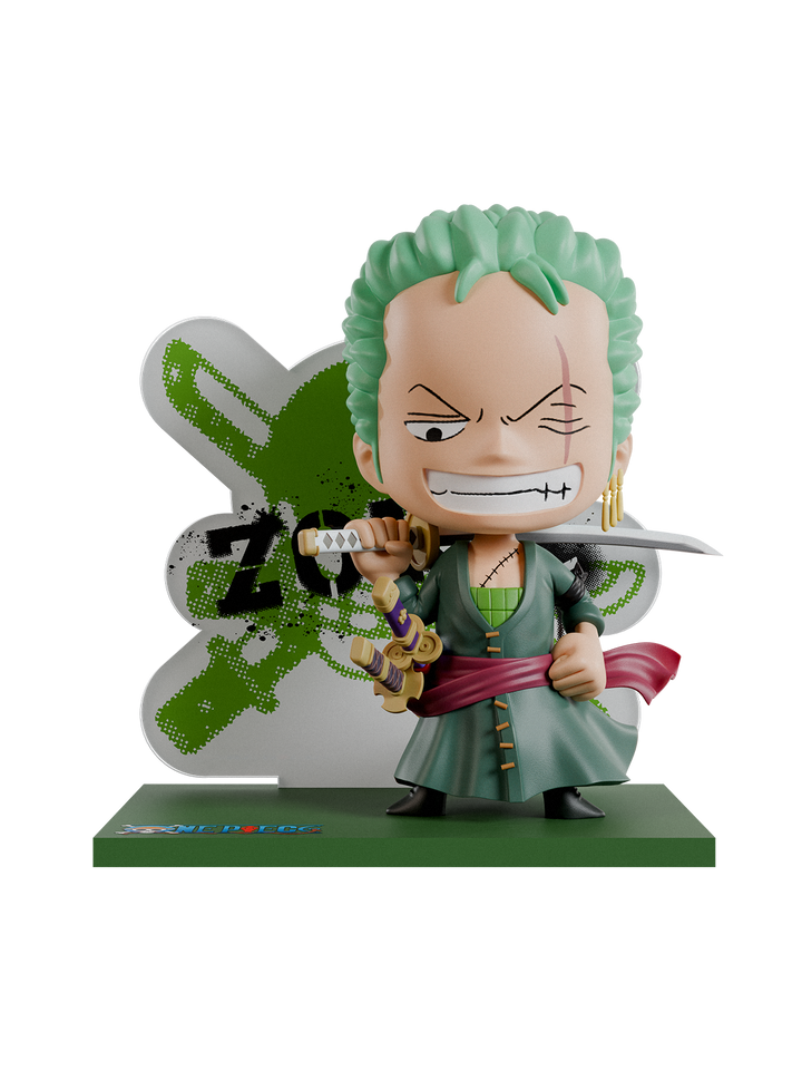 Figurine of a character with green hair and a sword on a white background