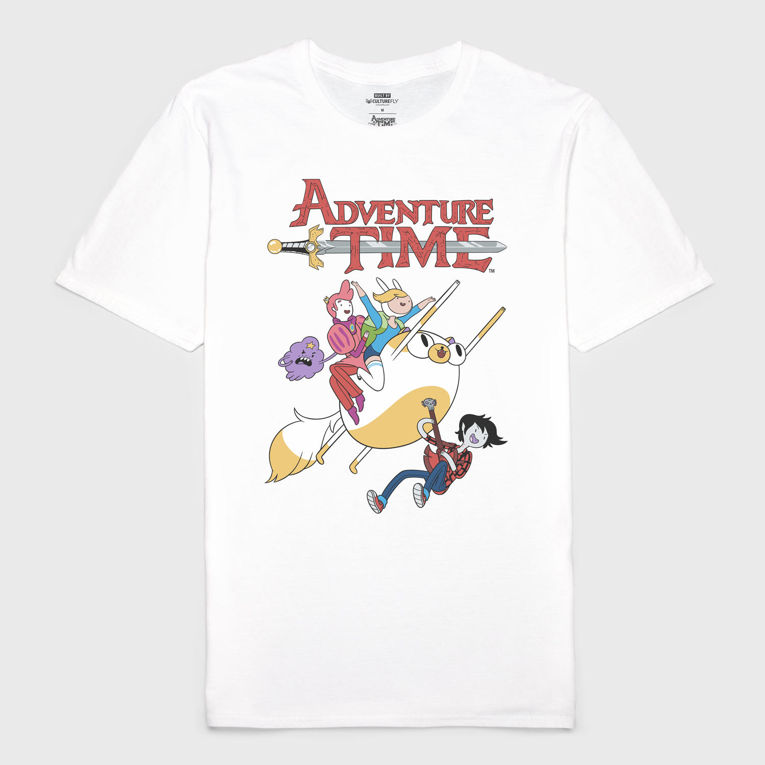 Adventure Time white t-shirt. Image on t-shirt is of fionna the human, cake the cat, marshell lee, prince gumball, lumpy space prince and the text: Adventure Time Image: (Attached)