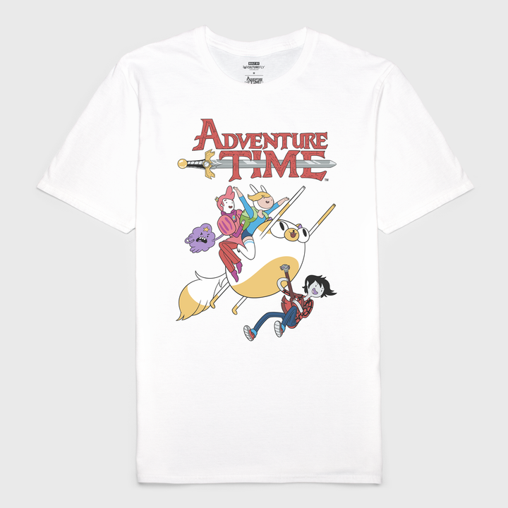 Adventure Time white t-shirt. Image on t-shirt is of fionna the human, cake the cat, marshell lee, prince gumball, lumpy space prince and the text: Adventure Time Image: (Attached)