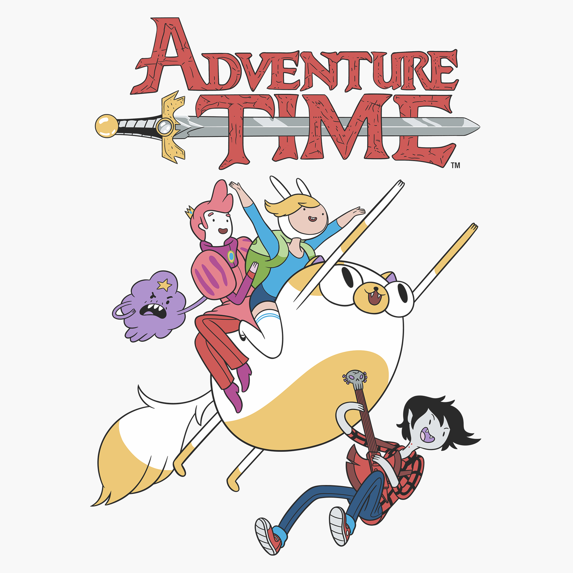Adventure Time white t-shirt. Image on t-shirt is of fionna the human, cake the cat, marshell lee, prince gumball, lumpy space prince and the text: Adventure Time Image: (Attached)