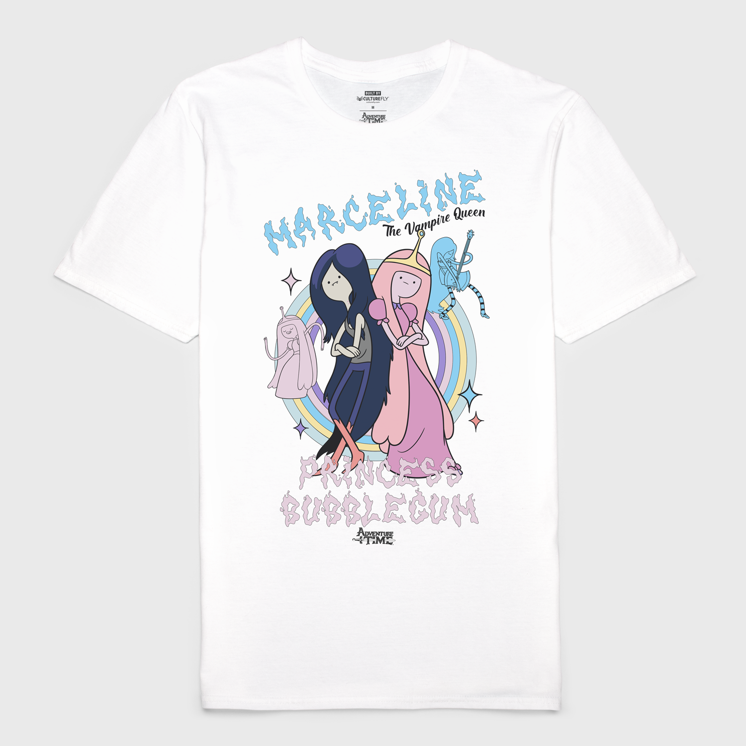 Adventure Time white t-shirt. Image on t-shirt is of marceline and princess bubblegum and the text: Marceline The Vampire Queen Princess Bubblegum Image: (Attached)