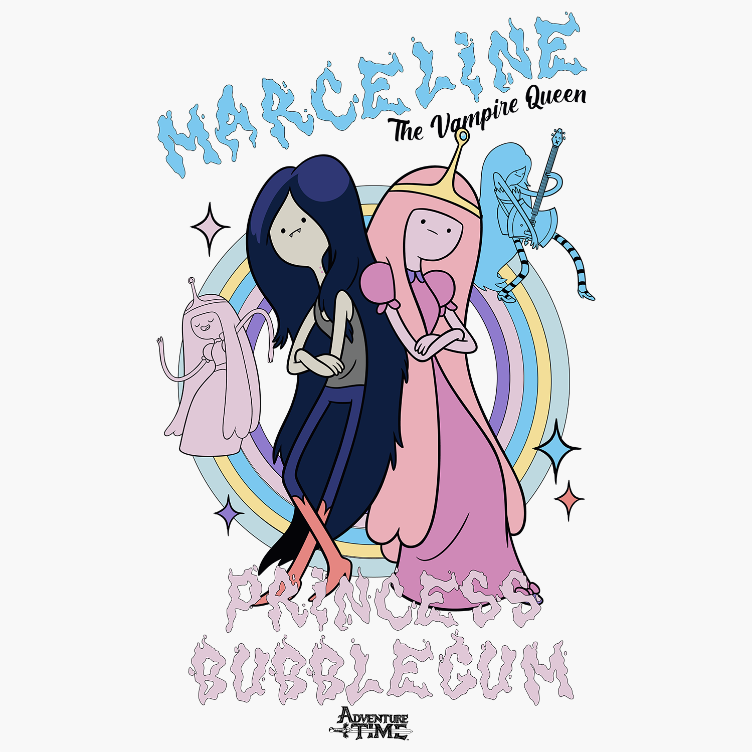 Adventure Time white t-shirt. Image on t-shirt is of marceline and princess bubblegum and the text: Marceline The Vampire Queen Princess Bubblegum I