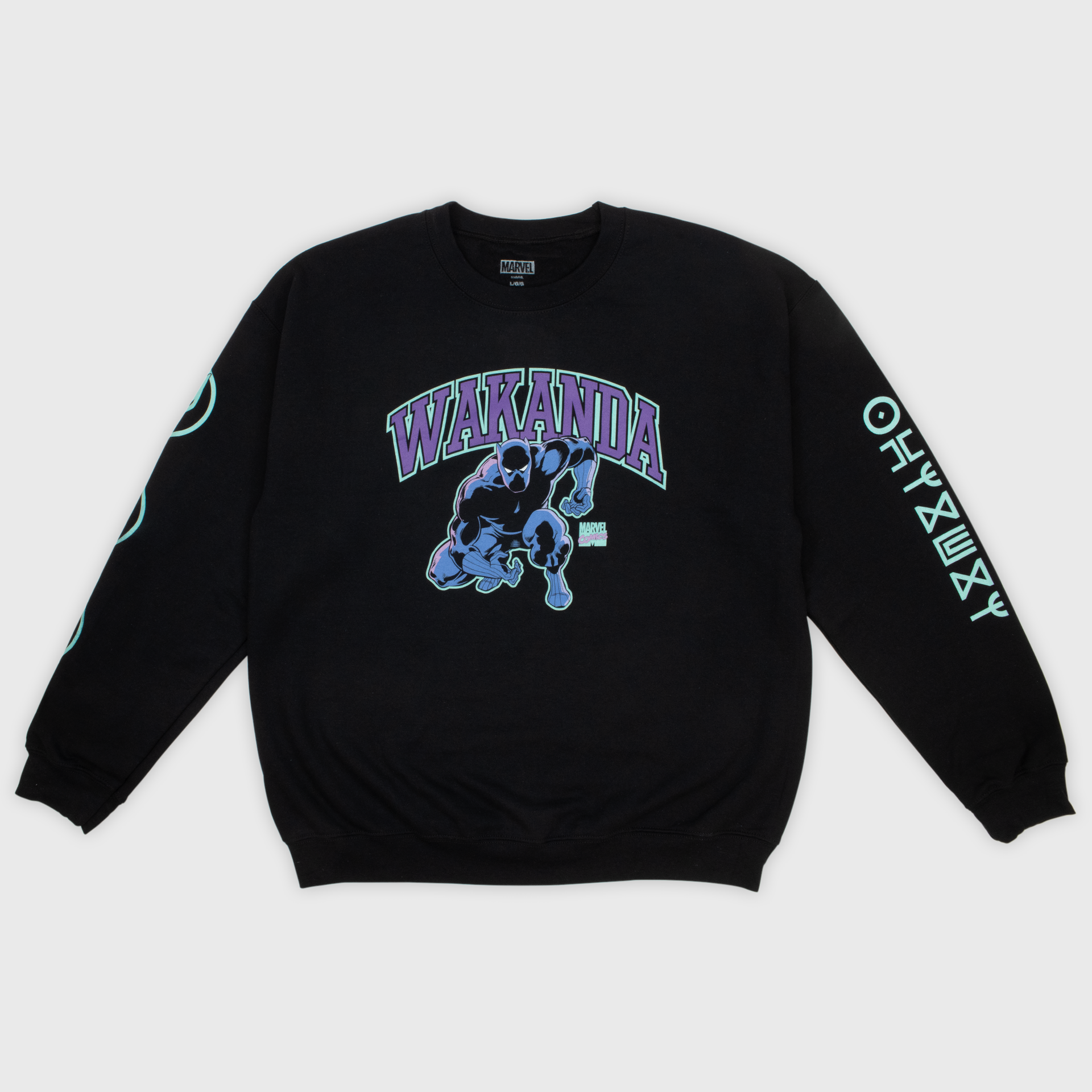 black panther black crewneck sweatshirt. image: black panther crouching. text: wakanda marvel comics