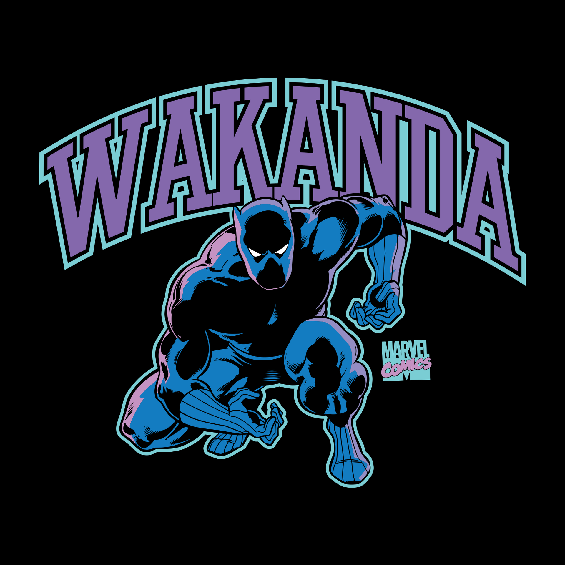close up image: black panther crouching. text: wakanda marvel comics