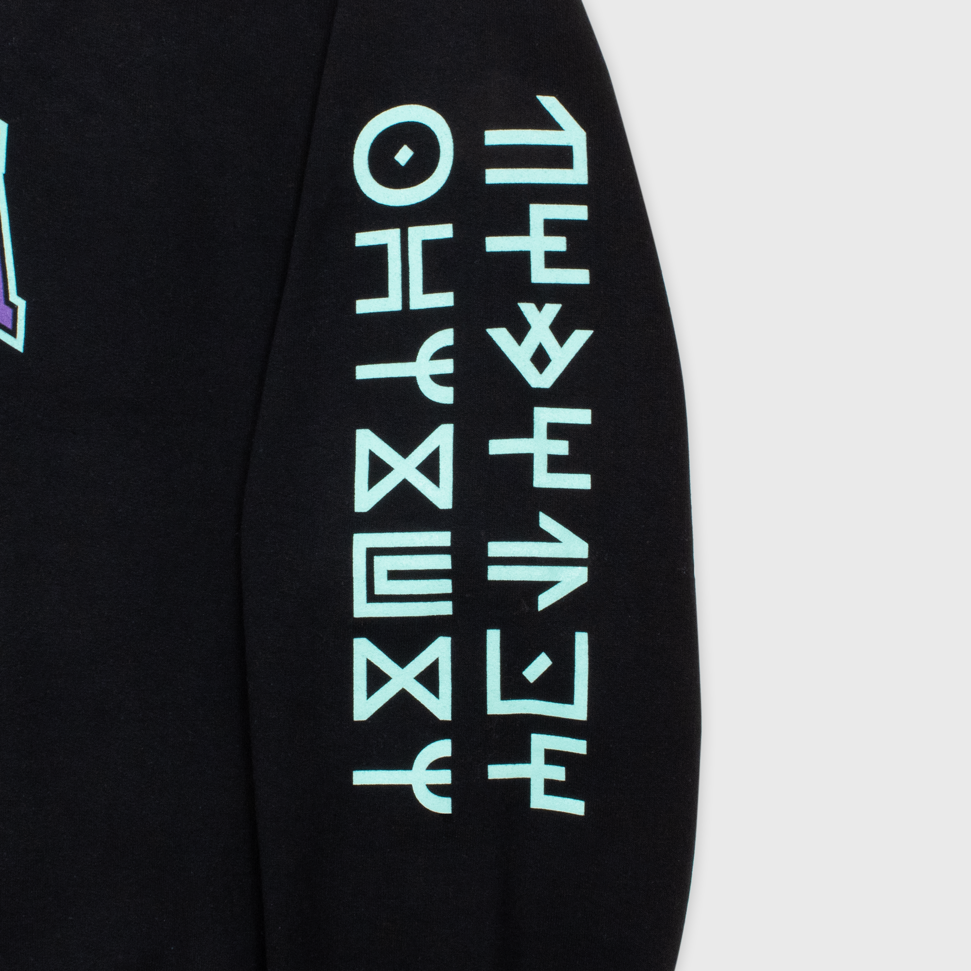 close up of left sweatshirt sleeve. image: wakanda lanuage written light blue white font