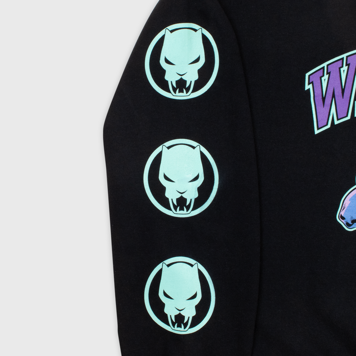 close up of right sleeve. image: 3 black panther emblems color light blue white