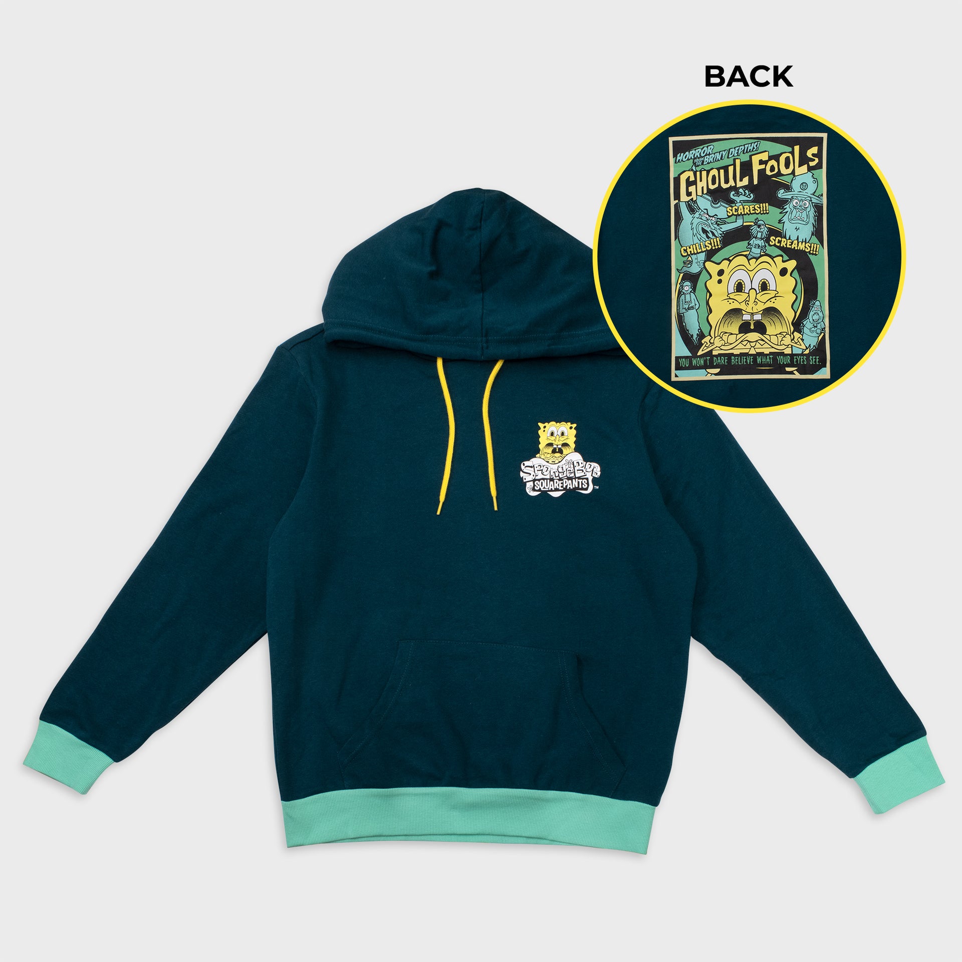 spongebob squarepants pull over hoodie. front left pocket image: spongebob scared with spongebob squarepants logo. back image: spongebob screaming with ghost pirates around him. text: horror from the briny depths! ghoul fools. chills!!! scares!!! scremas!!! you won't dare believe what your eyes see.
