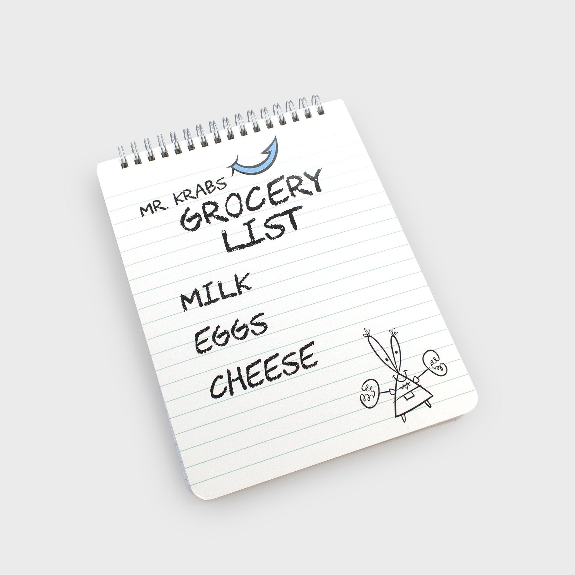 notepad. text: mr. krabs grocery list. milk eggs cheese. features a little pencil drawing of mr. krabs on bottom.