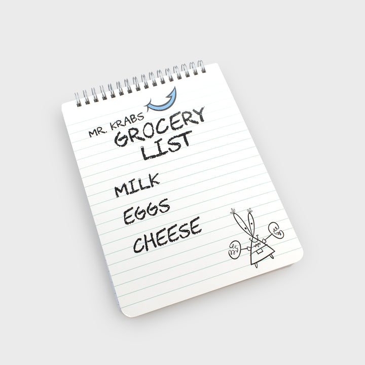 notepad. text: mr. krabs grocery list. milk eggs cheese. features a little pencil drawing of mr. krabs on bottom.