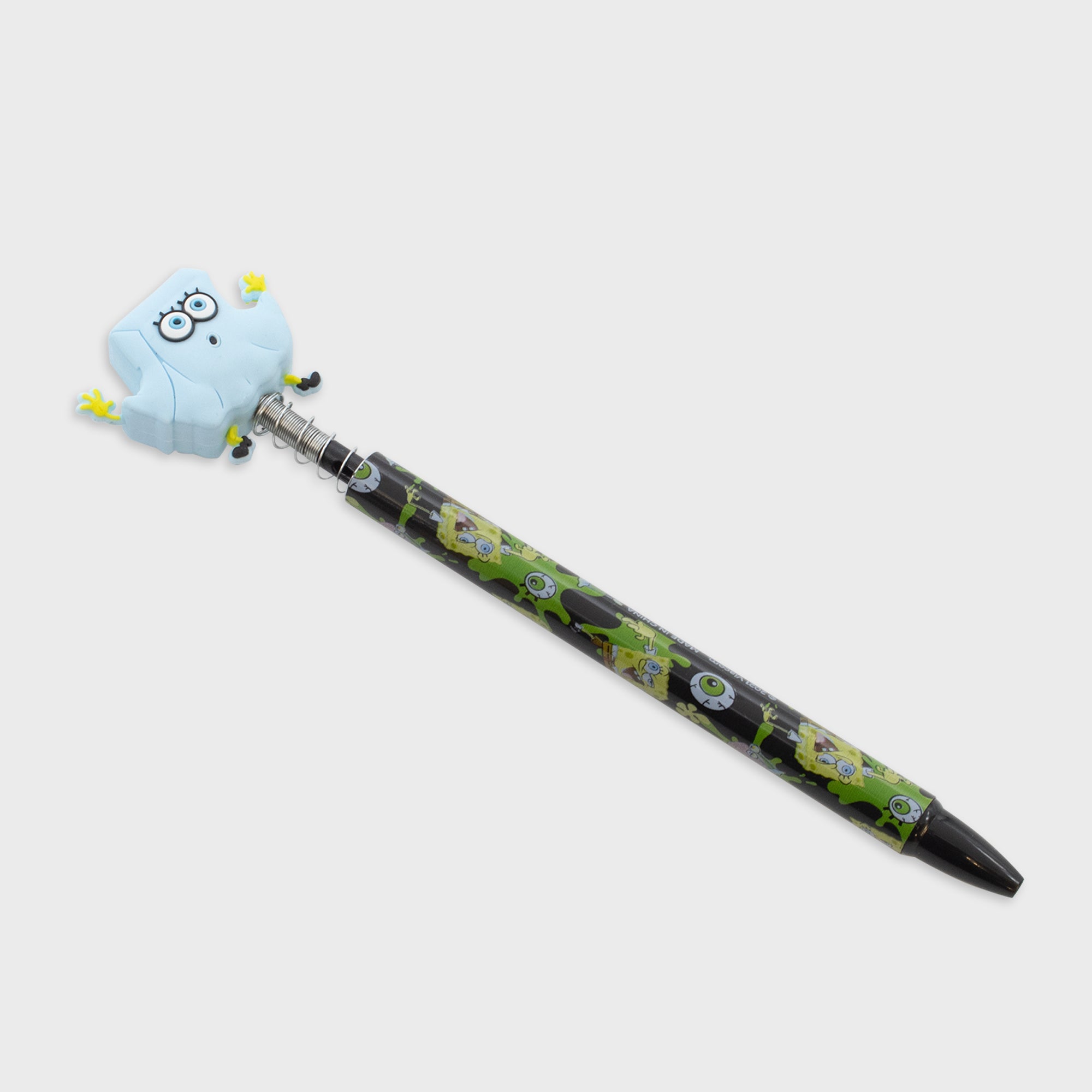 bobble pen. top bobble part is spongebob wearing sheet like a ghost. details on pen: spongebob looking scary with green splat and eyeballs.