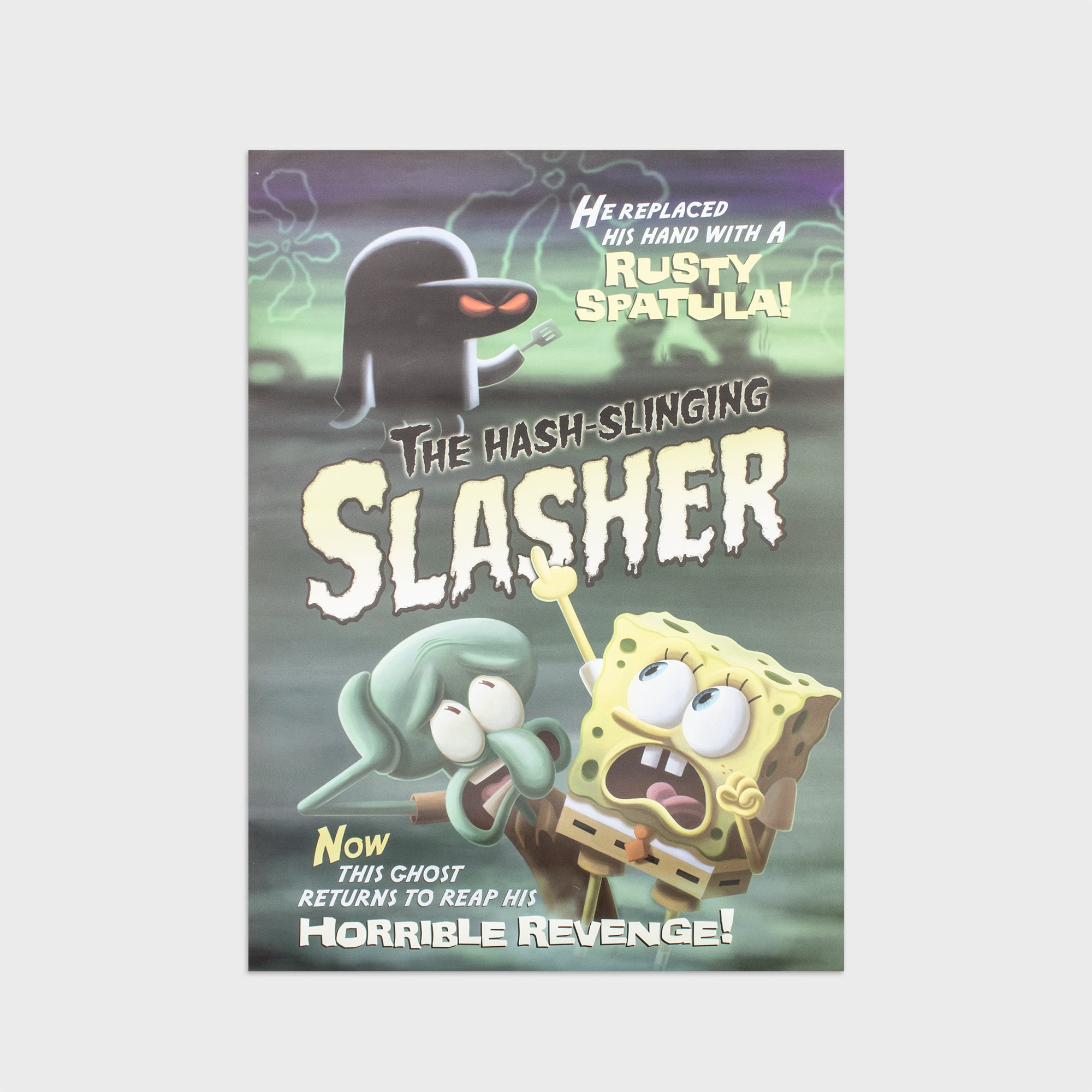 movie poster. spongebob and squidward scared. text: he replaced his hand with a rusty spatula! the hash-slinging slasher. now this ghost returns to reap his horrible revenge!