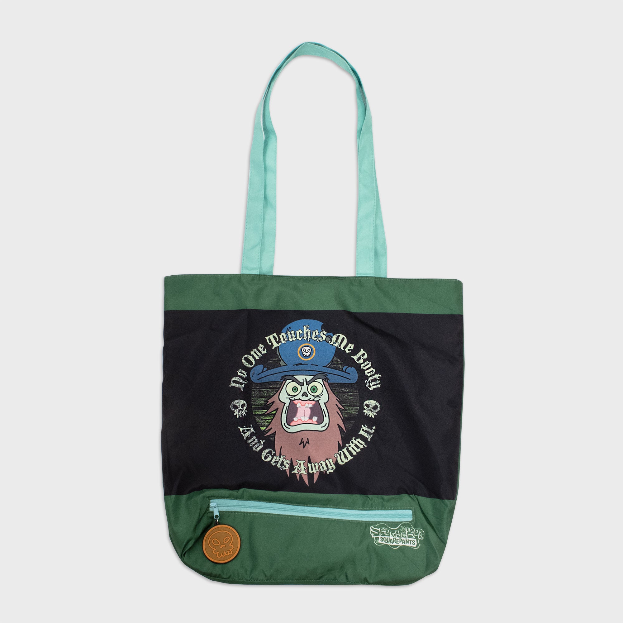 tote bag. features flying dutchman ghost on front. text: no one touches me booty. and gets away with it.
